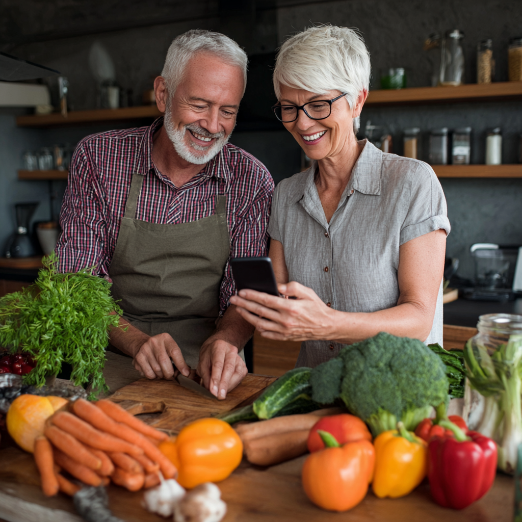 Чоловік 58 років із дружиною готують здорову їжу разом, усміхаючись та використовуючи мобільний додаток для планування меню
