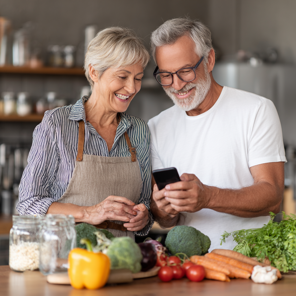 Подружжя 55-60 років разом дивляться на результати аналізу раціону в мобільному додатку, усміхаючись та тримаючи здорові продукти