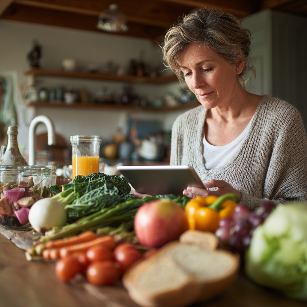 Жінка 52 років перевіряє персоналізований план харчування на планшеті, сидячи за столом з різноманітними здоровими продуктами