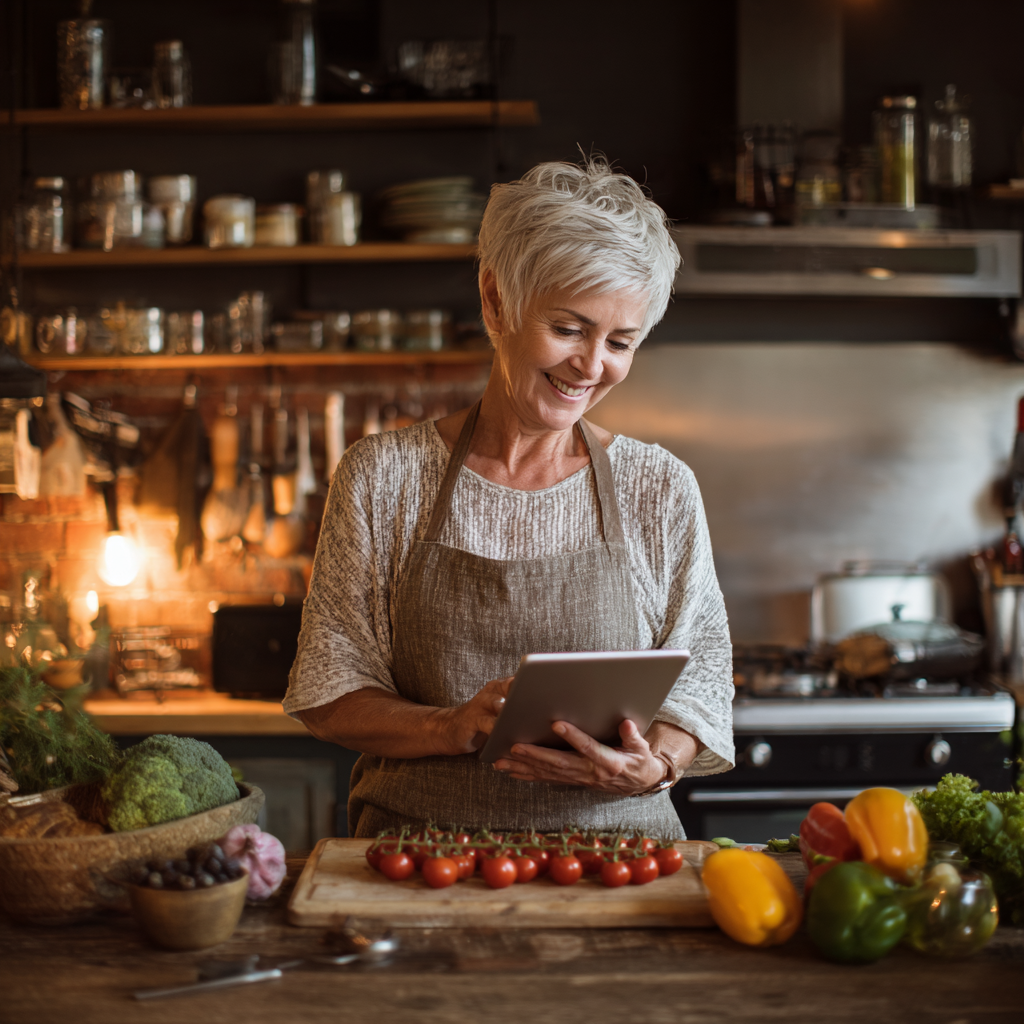 Жінка 55 років готує здорову їжу на кухні з посмішкою, використовуючи планшет для перегляду рецептів